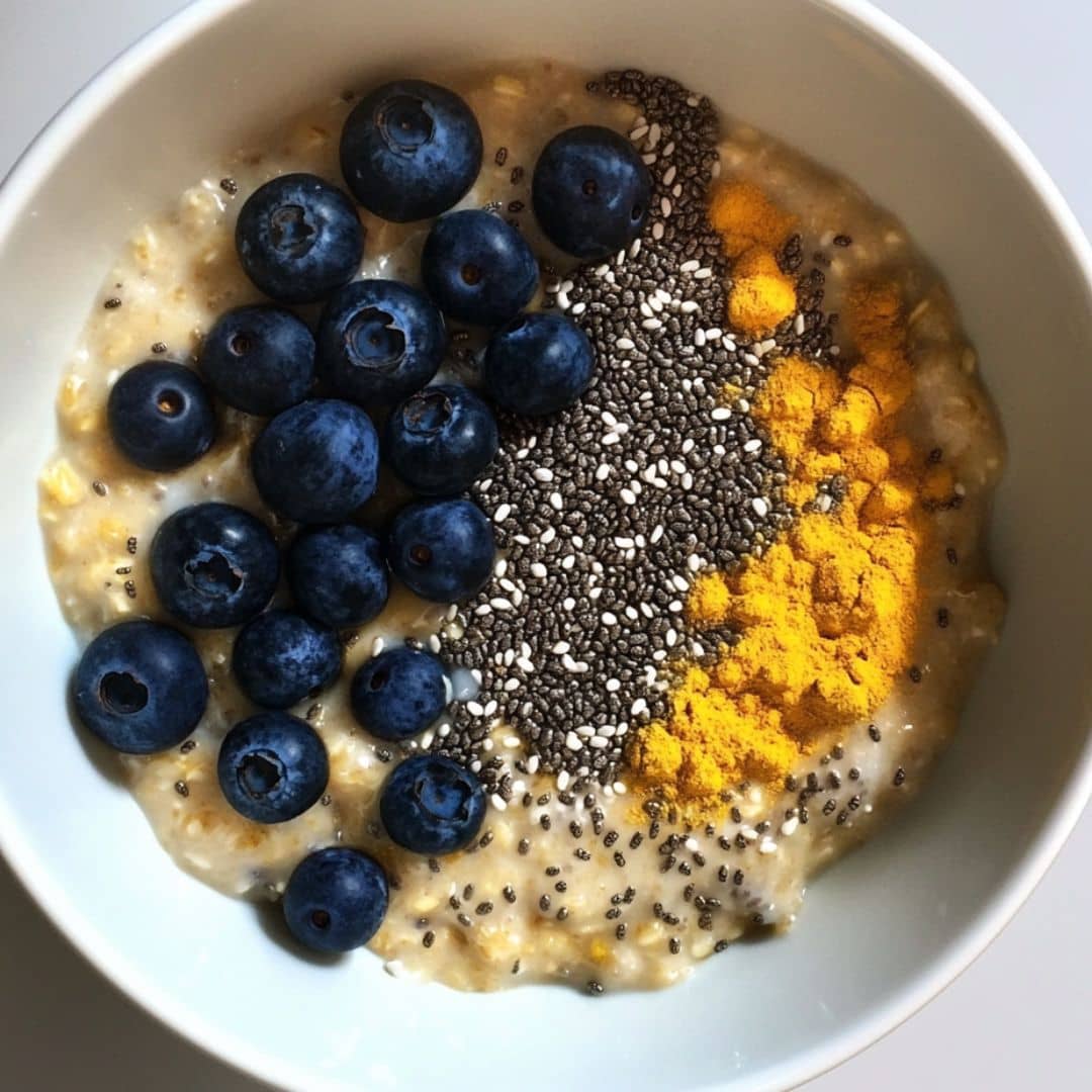 oatmeal topped with chia seeds, blueberries, and turmeric