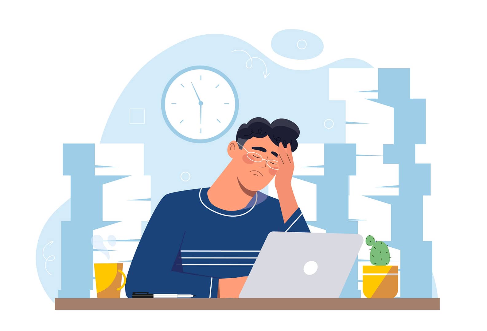 illustration of man with adhd paralysis at computer