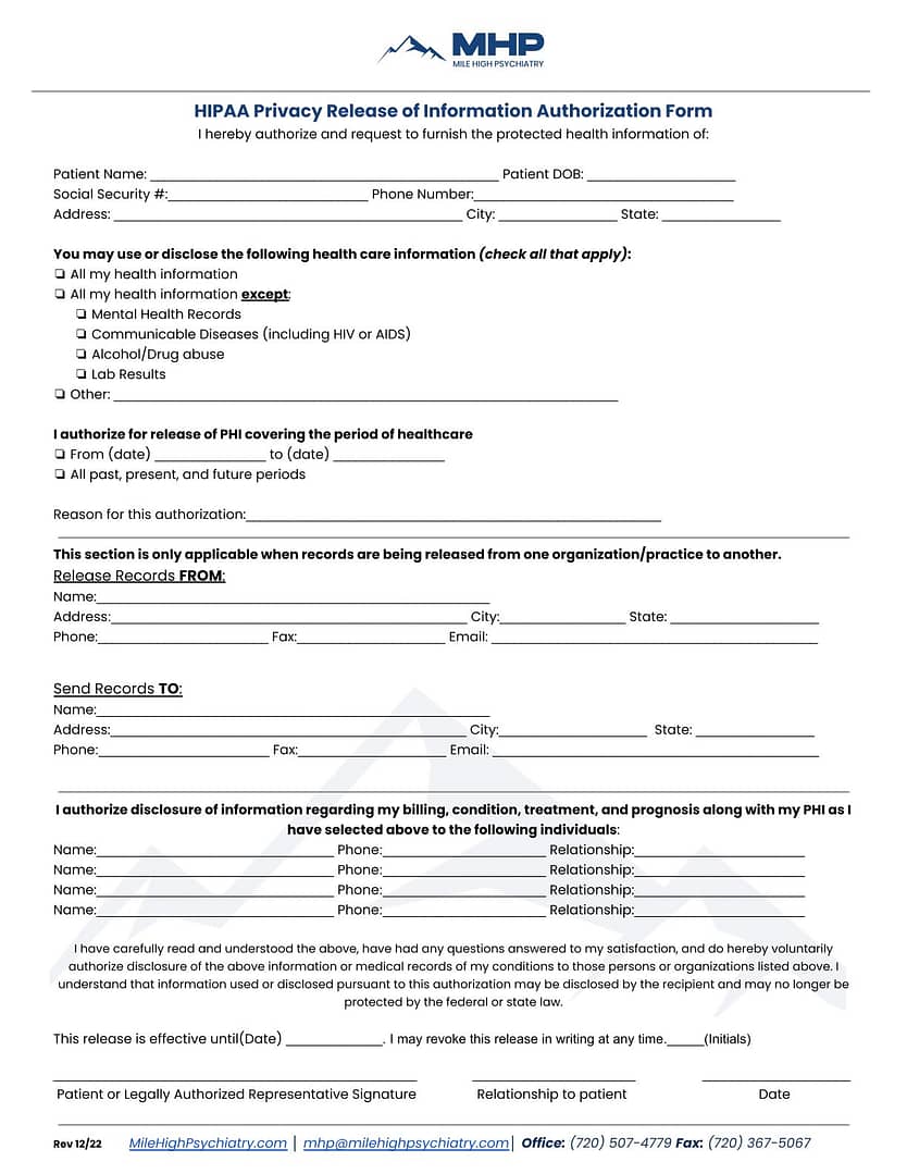HIPAA Privacy Release Of Information Authorization Form
